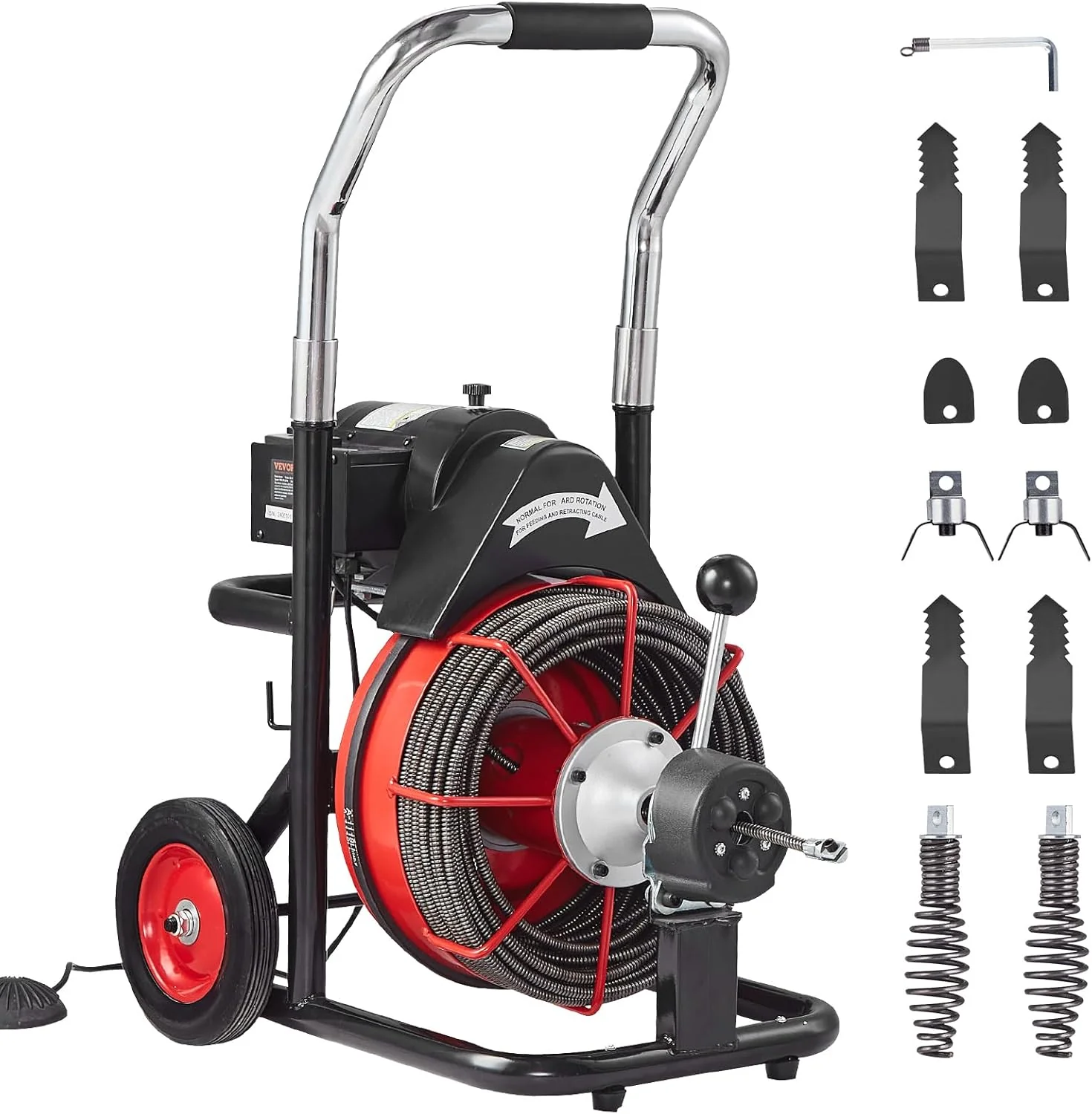 Déboucheur de canalisations portable 100 pi x 1/2 pouce, à alimentation automatique, sur roues, 550 W, avec 8 lames et interrupteur au pied pneumatique pour tuyaux de 2 à 4 pouces.
