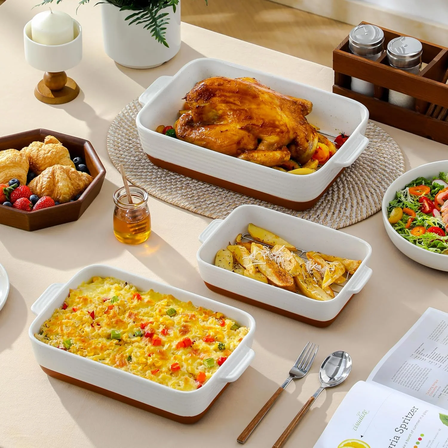 Casserole Dishes for Oven with Roasting Racks, Ceramic Baking Dishes Set of 3, Baking Pan Casserole Dish Set, Rectangular Lasagna Pan Deep with Handles for Baking, Khaki White (14.5''/13''/10.5''),(With Racks)