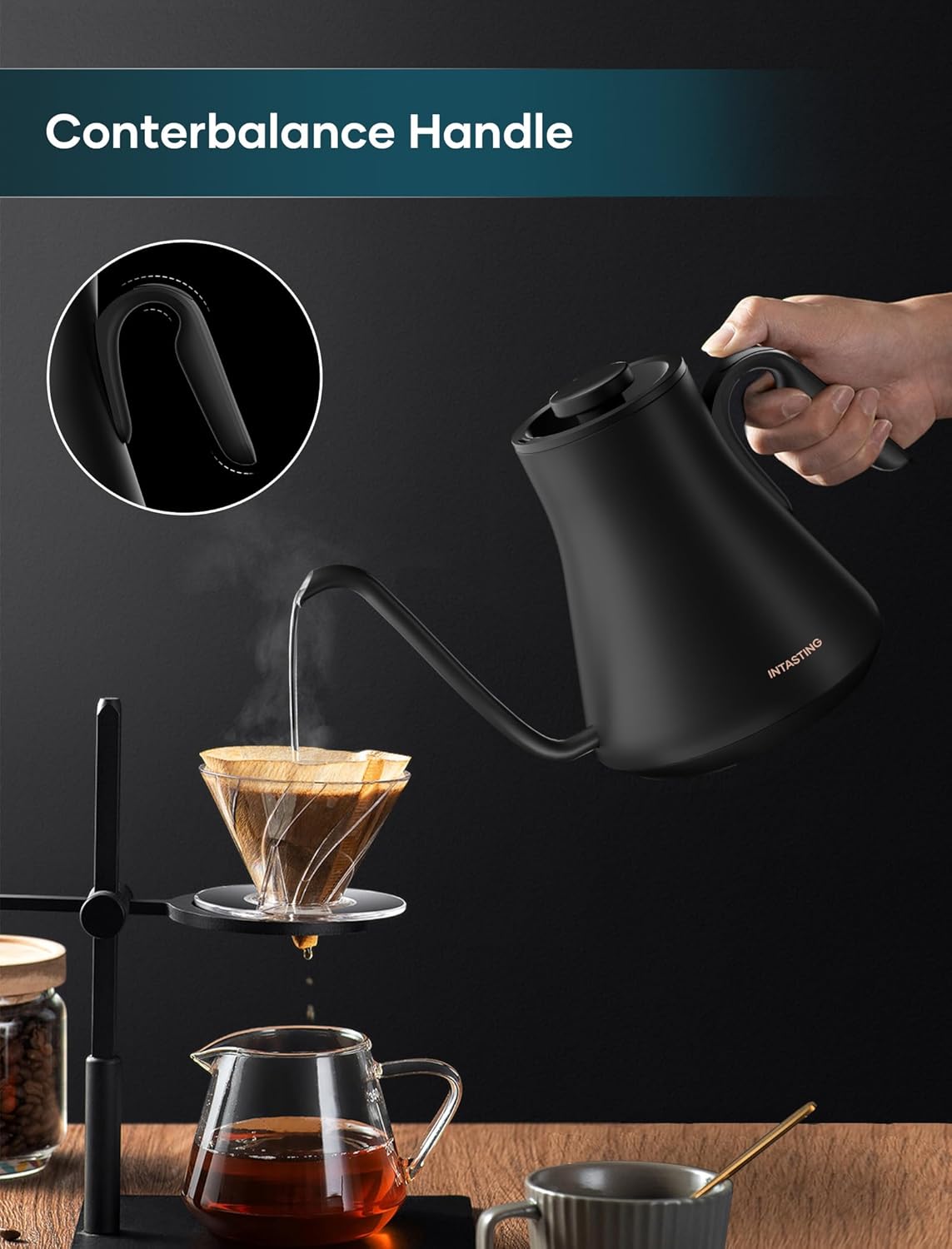 INTASTING Gooseneck Electric Kettle with ±1℉ Temperature Control, 0.9L