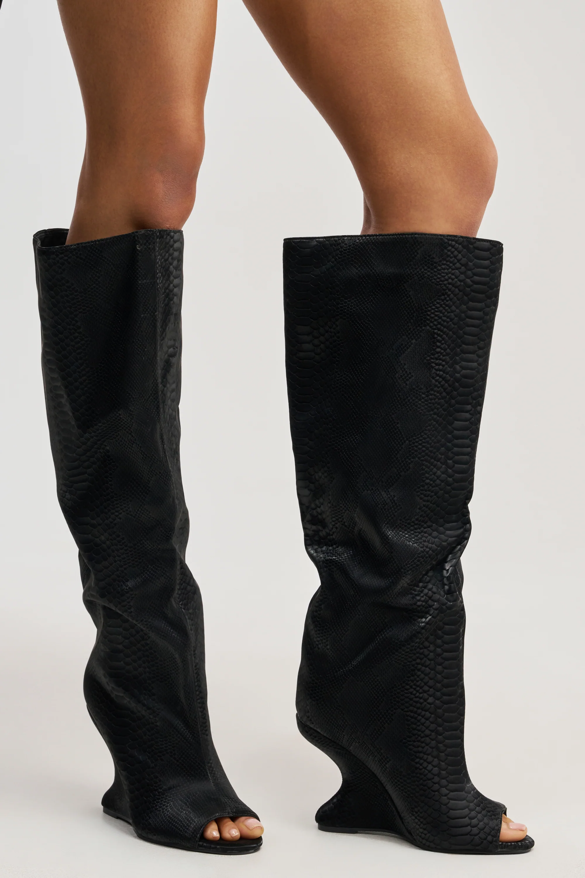 AZALEA WANG VINCENT BLACK SNAKE OPEN TOE WEDGE BOOT - Akira Store
