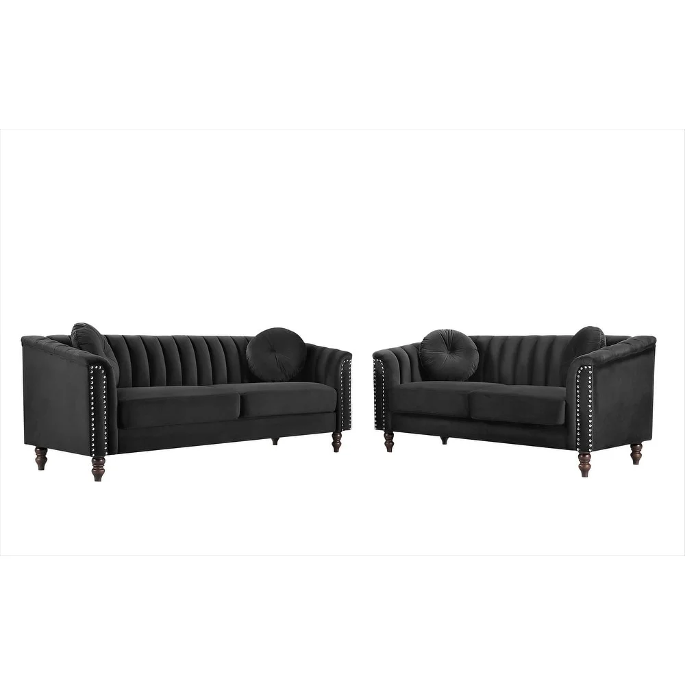 Hills Tufted Back 2Pcs Living Room Set,Black Velvet(Black) - Image 2