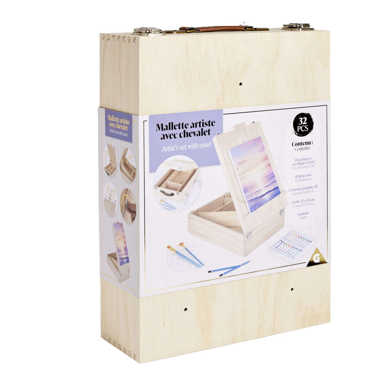 Mallette artiste chevalet en bois avec accessoires peinture