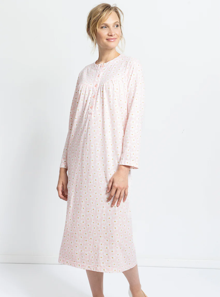 Chemise de nuit femme en coton rose fleur