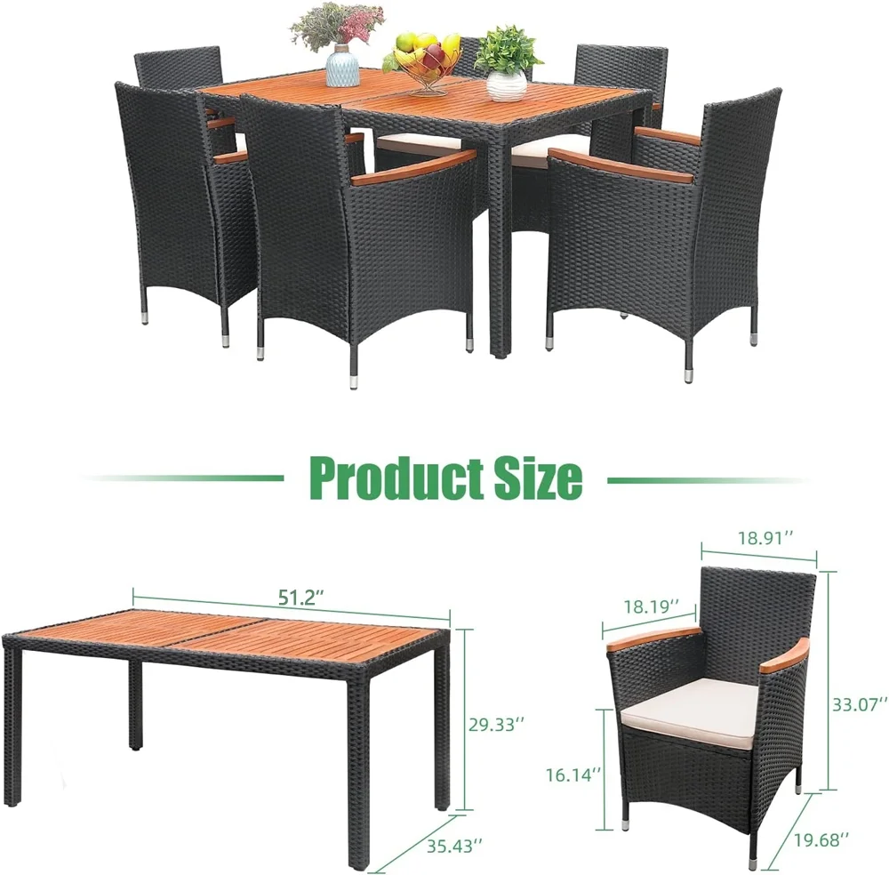 7 Pieces Outdoor Patio Dining Set, Patio Wicker Furniture Dining Set with 6 Chairs and Acacia Wood Top for Yard, Garden, Porch and Poolside, Black