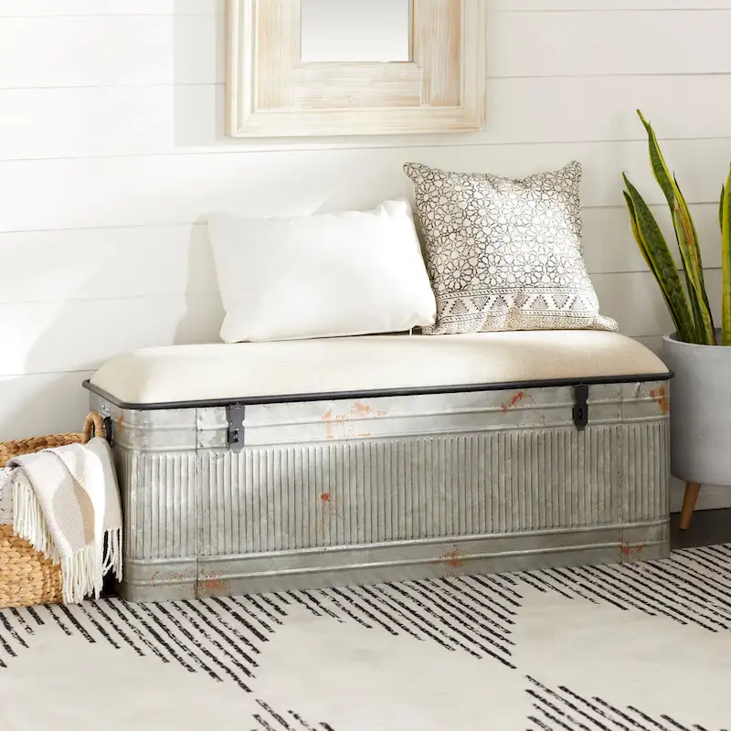 18-Inch Grey Metal Upholstered Bench