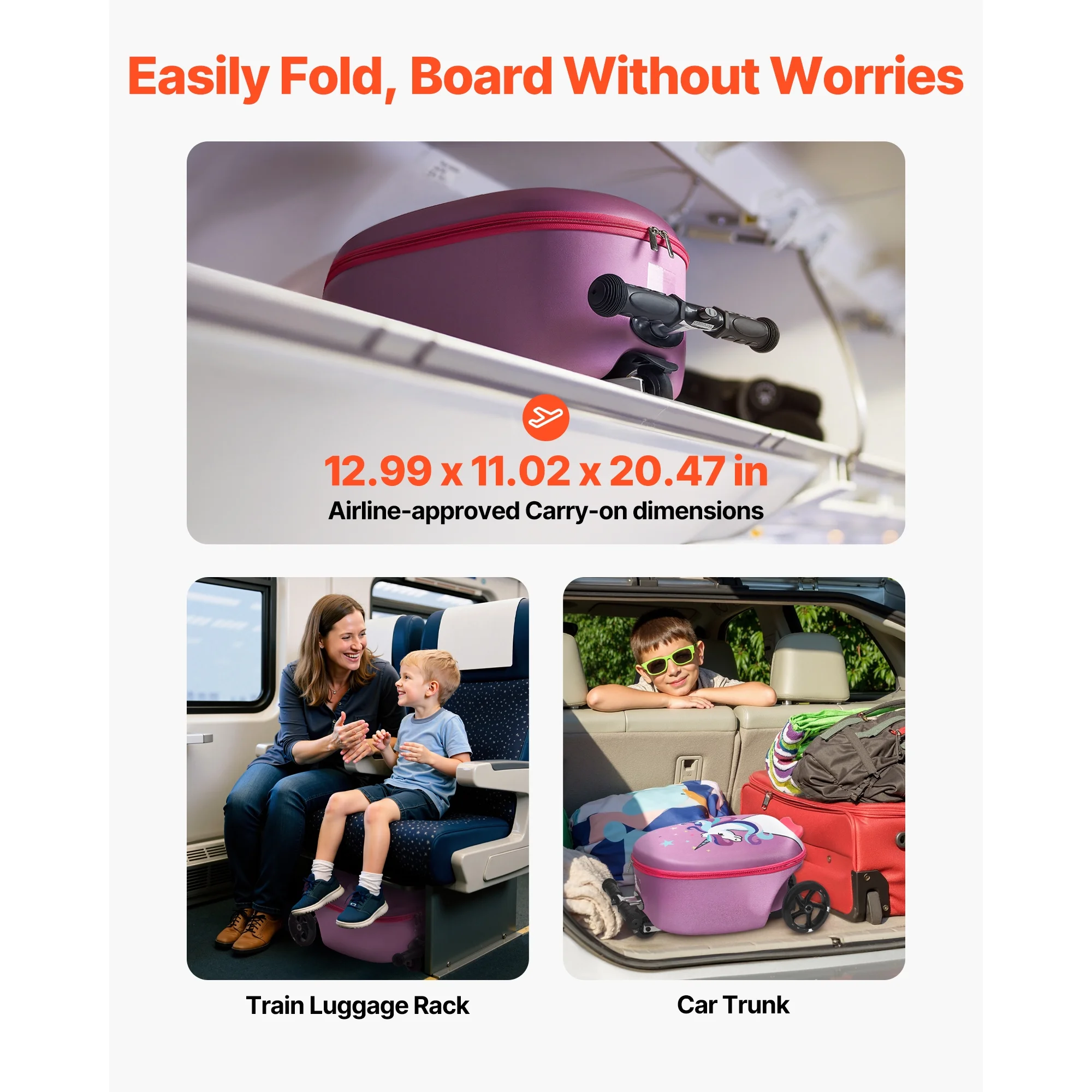 Ride-on Kids Luggage, 20L Capacity, 20-Inch Scooter Suitcase with Flashing PU Wheels, Adjustable Handle Non-Slip Grip, Foldable and Lightweight Travel Companion for Children Aged 5+, Purple - Image 5