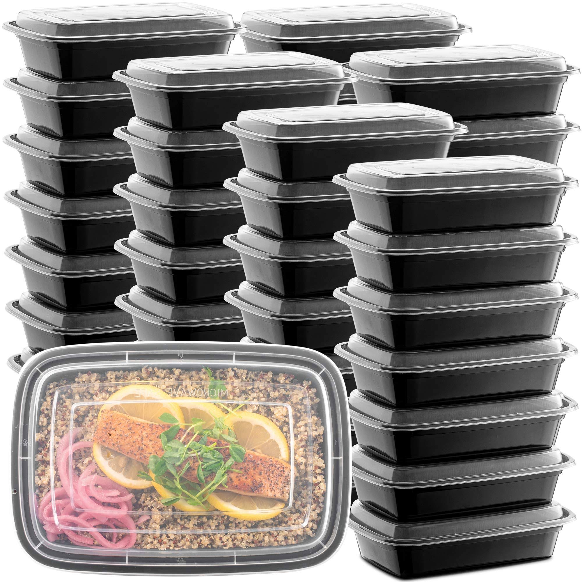 50-Pack Meal Prep Plastic Microwavable Food Containers for Meal Prepping with Lids 28 oz. 1 Compartment Black Rectangular Reusable Storage Lunch