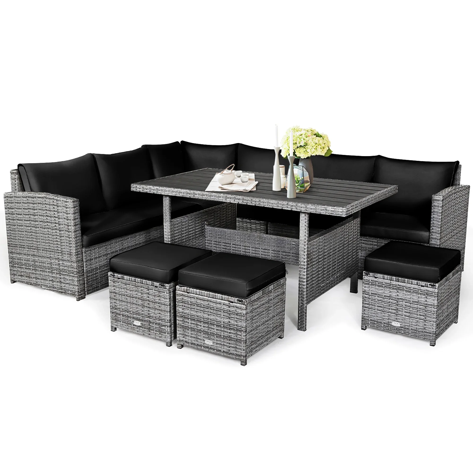 Costway 7 PCS Patio Rattan Dining Set Sectional Sofa Couch Ottoman Garden Red
