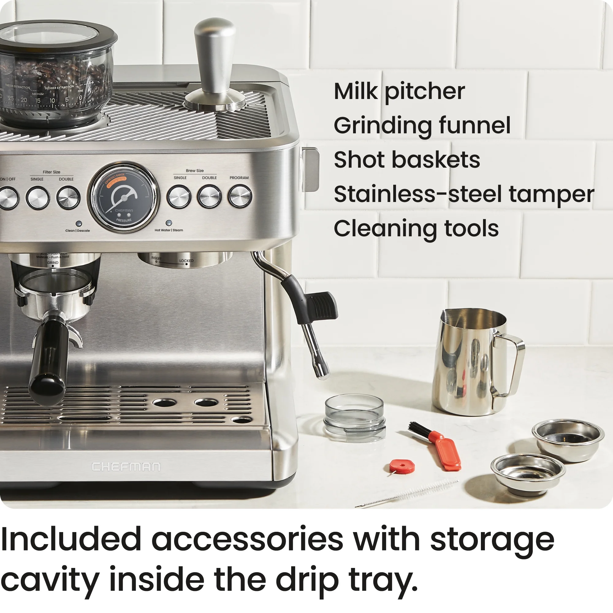 Chefman Crema Supreme Espresso Machine with Conical Burussian River Grinder and Steam Wand A?? Stainless Steel, New