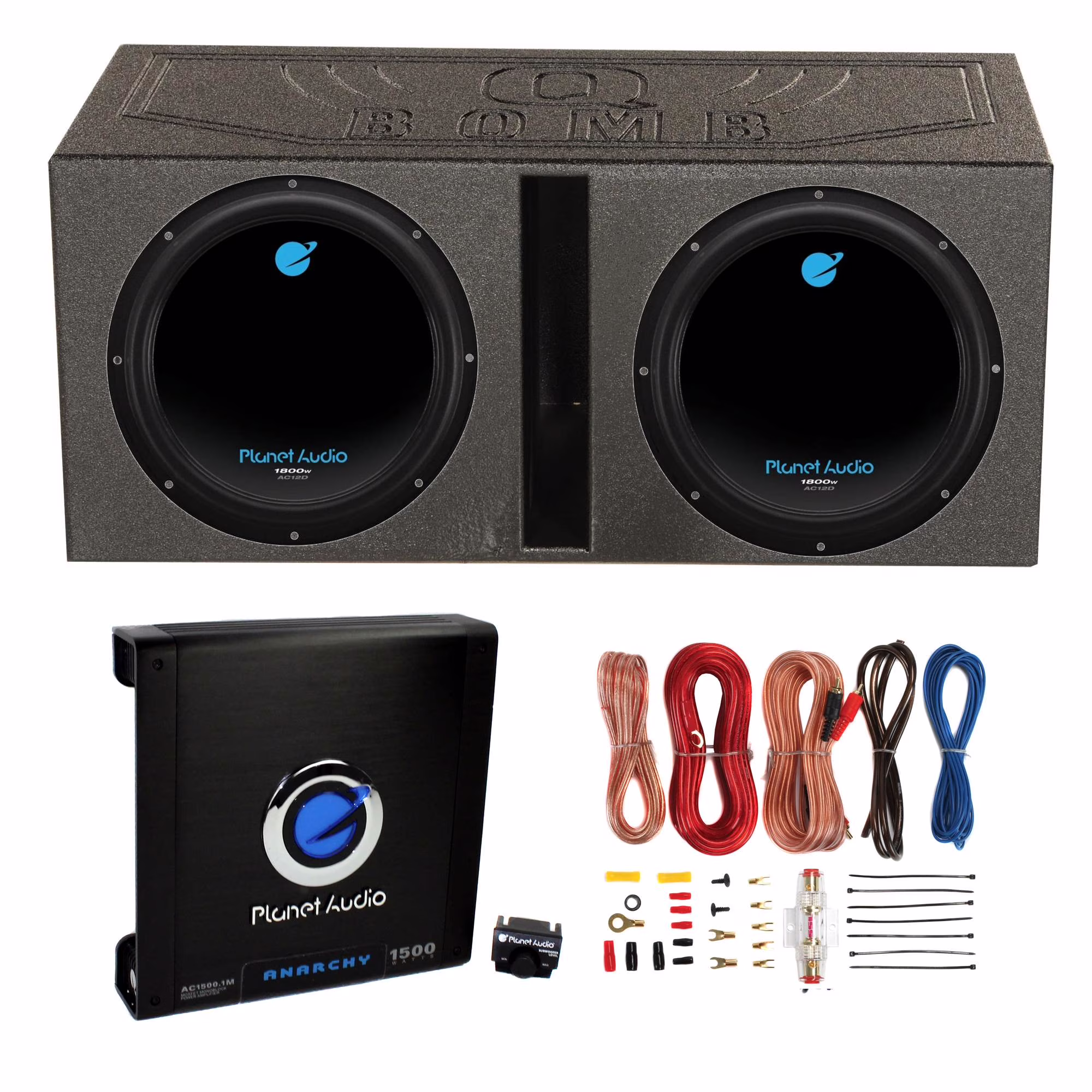 2) 12" 1800W Subwoofers + Vented Lined Box Enclosure + Amp + Wire