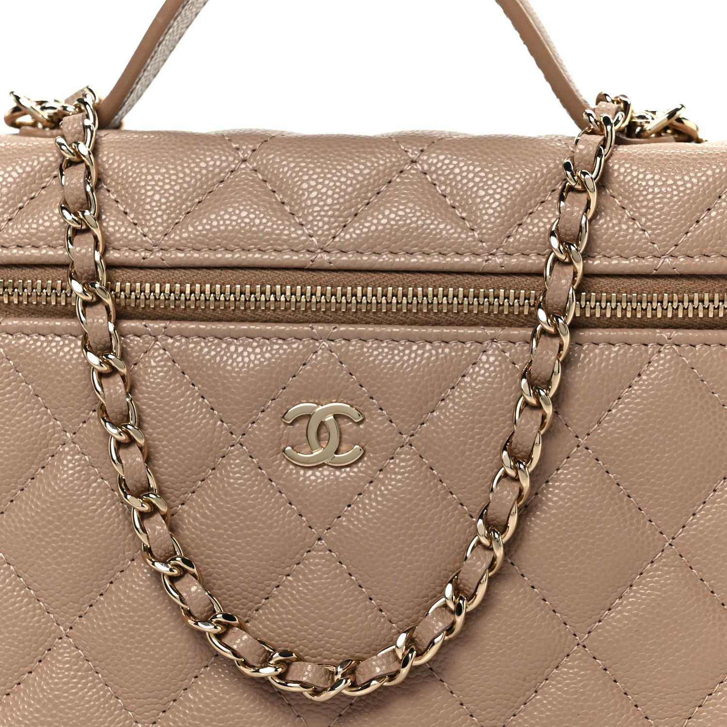 Caviar Quilted Top Handle Slim Vanity With Chain Dark Beige