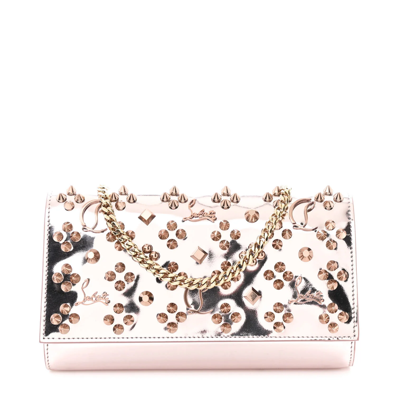 Metallic Patent Calfskin Spikes Loubinthesky Paloma Clutch Pink