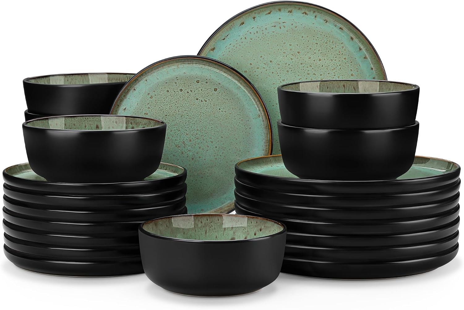 vancasso Plates and Bowls Sets, 24 Pieces Stoneware Dinnerware Sets for 8, Kitchen Dish Set Microwave and Dishwasher Safe Ceramic Dishware, Turf Green, Series AMBER