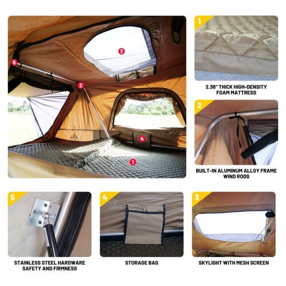 Hardshell Rooftop Tent, 2-3 Person, Khaki, Waterproof, 143.3 lbs(Khaki) - Image 2