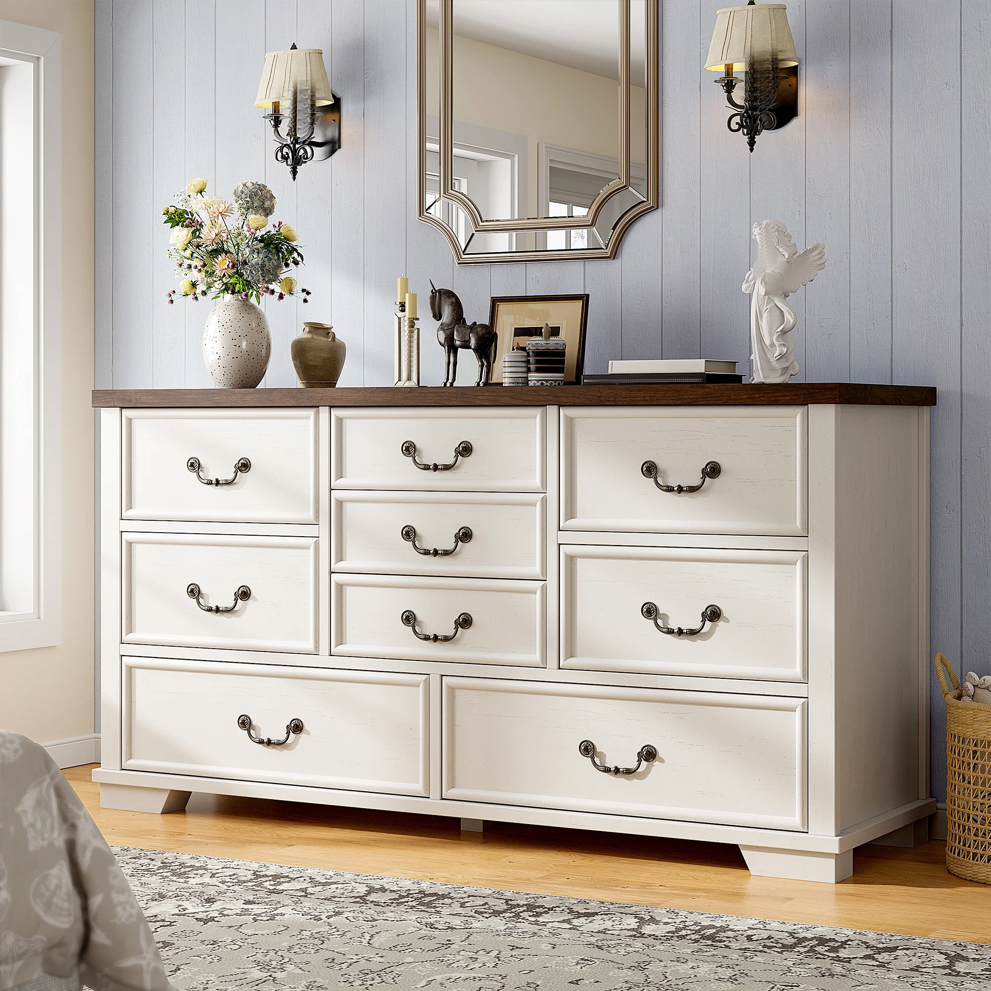 Wood Dressers for Bedroom with 9 Drawers White Dresser Chest of Drawers for Living Room(White/9 Drawers) - Image 10