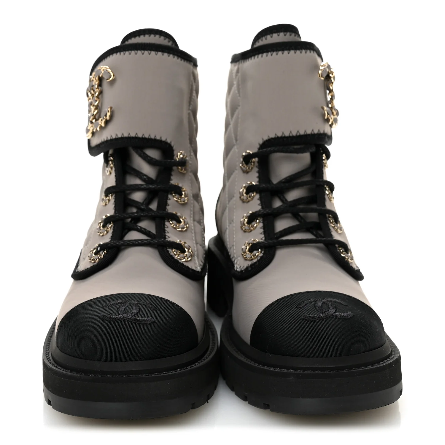 Fabric Grosgrain Quilted Cap Toe Lace Up Combat Boots 36 Gray
