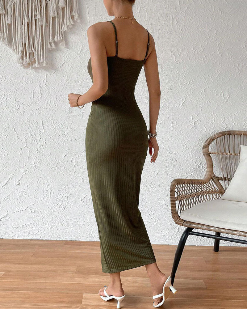 Robe Midi Moulante en Maille Côtelée avec Fente Haute pour Femmes