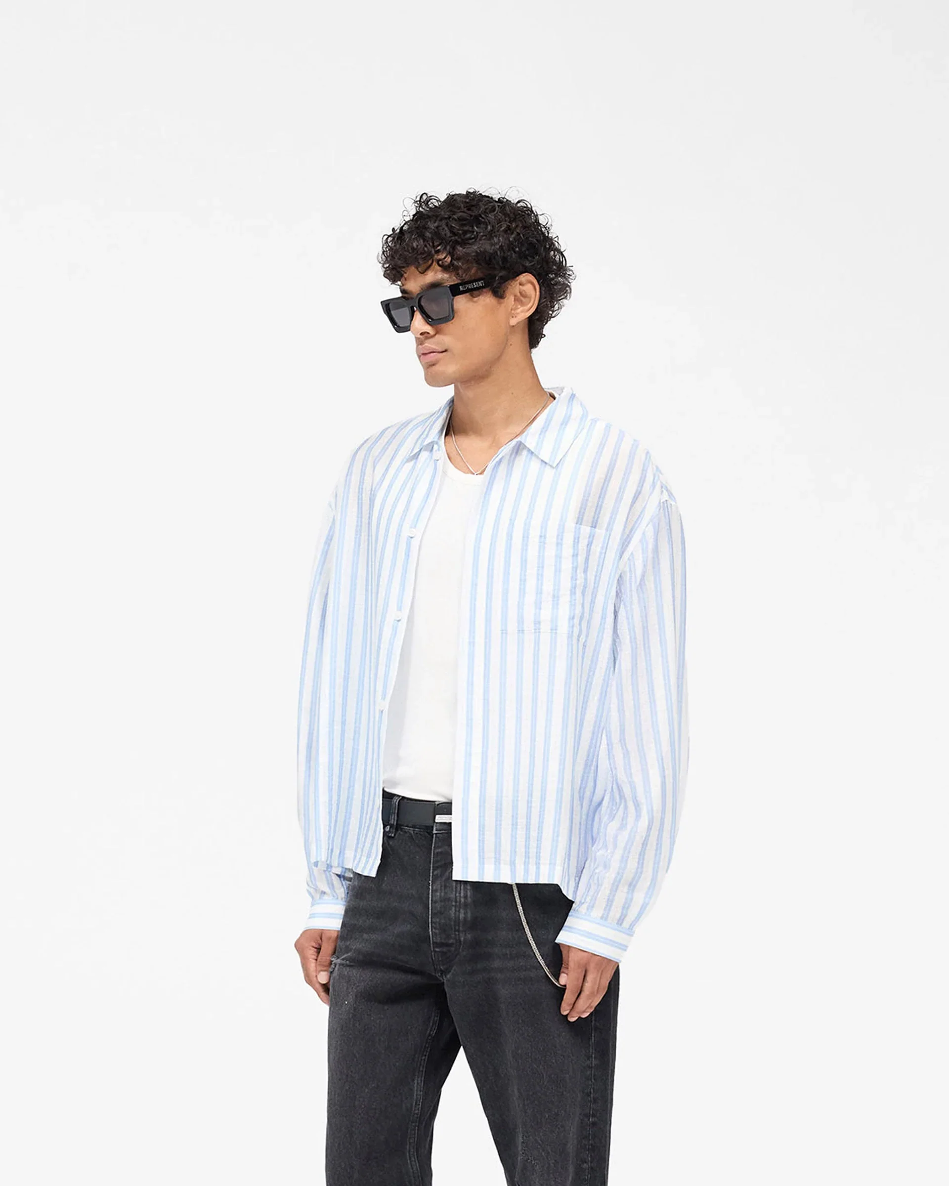 Long Sleeve Sheer Stripe Boxy Shirt - Ice Blue