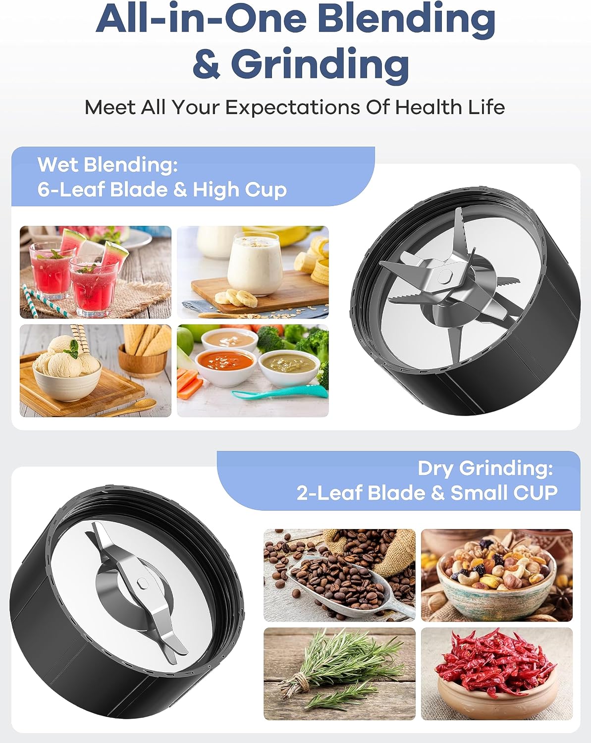 Ganiza Smoothie Blender, 900W Blenders for Shakes and Smoothies| 15-Piece Personal Blender and Grinder Combo for Kitchen, Smoothies Maker with 4 BPA-Free Portable Cups, Nutritious Recipe