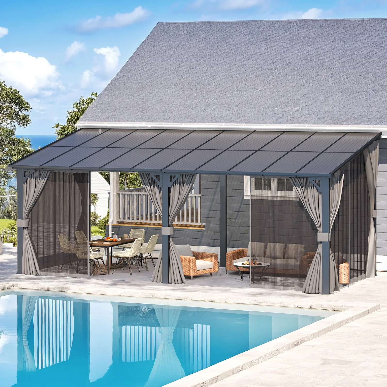 AECOJOY 20'x8' Wall Gazebo with Curtains and Mosquito Netting, Gray