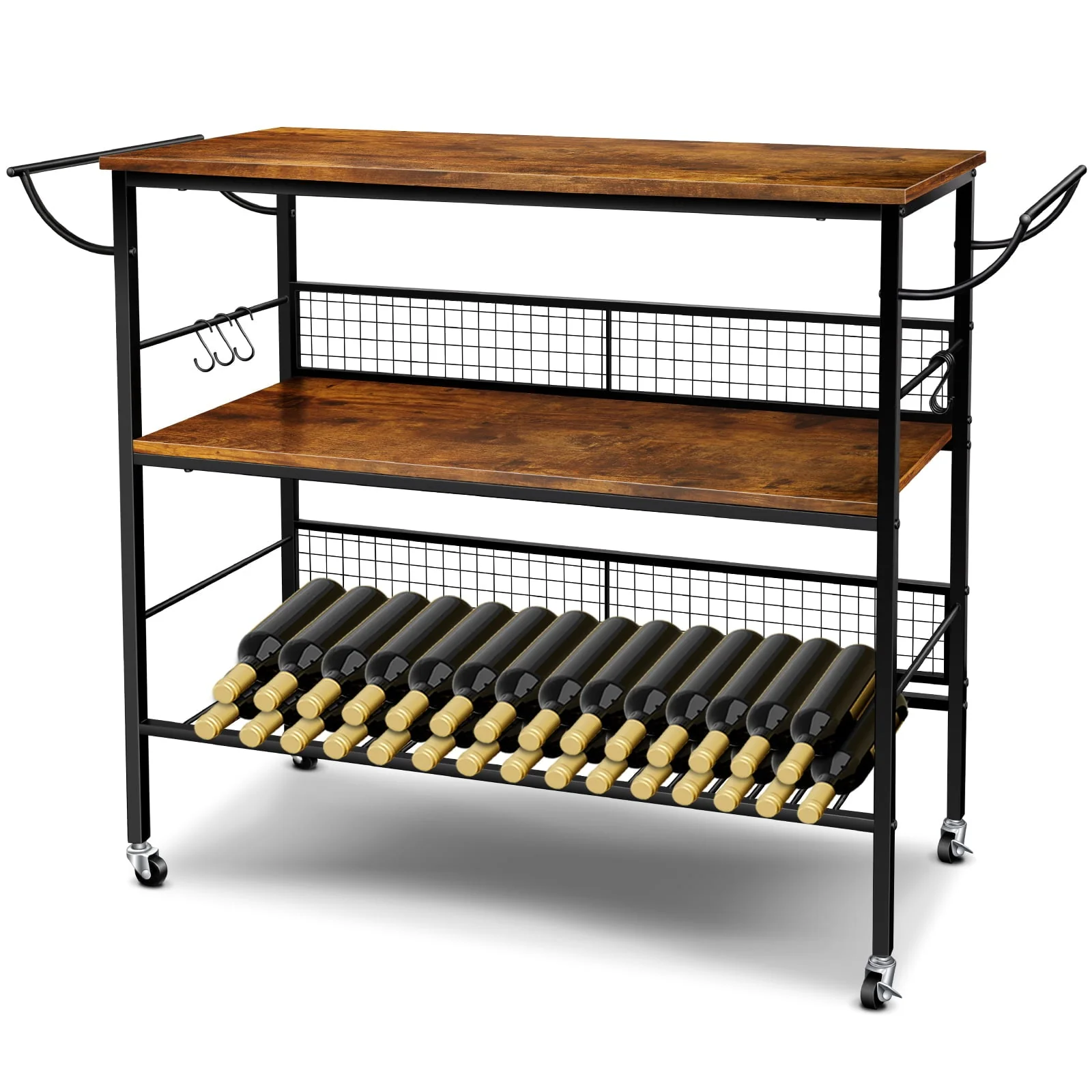 MONVANE 40"W Large Kitchen Iron Cart Island, 3 Tier Rolling Kitchen Rack Large Utility Mobile Wine Cart Storage Shelf Organizer Coffee Bar with Handle(Black/With handle)