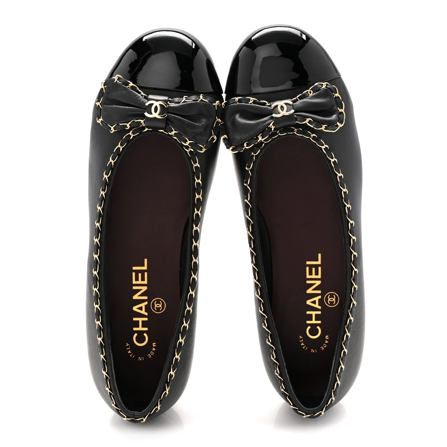 Lambskin Patent Cap Toe Chain Around Ballerina Flats 36 Black