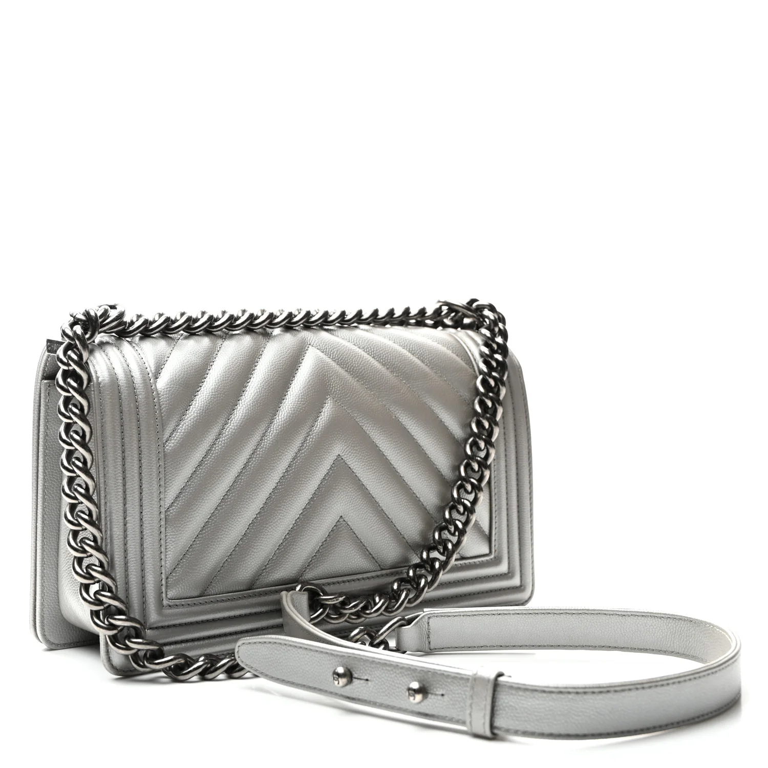 Metallic Caviar Chevron Quilted Medium Boy Flap Silver