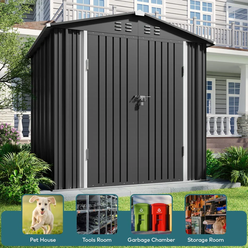 Aiho 8 x 6 FT Outdoor Storage Shed on Clearance with Metal Base  Frame and Double Lockable Doors for Garden, Patio - Gray