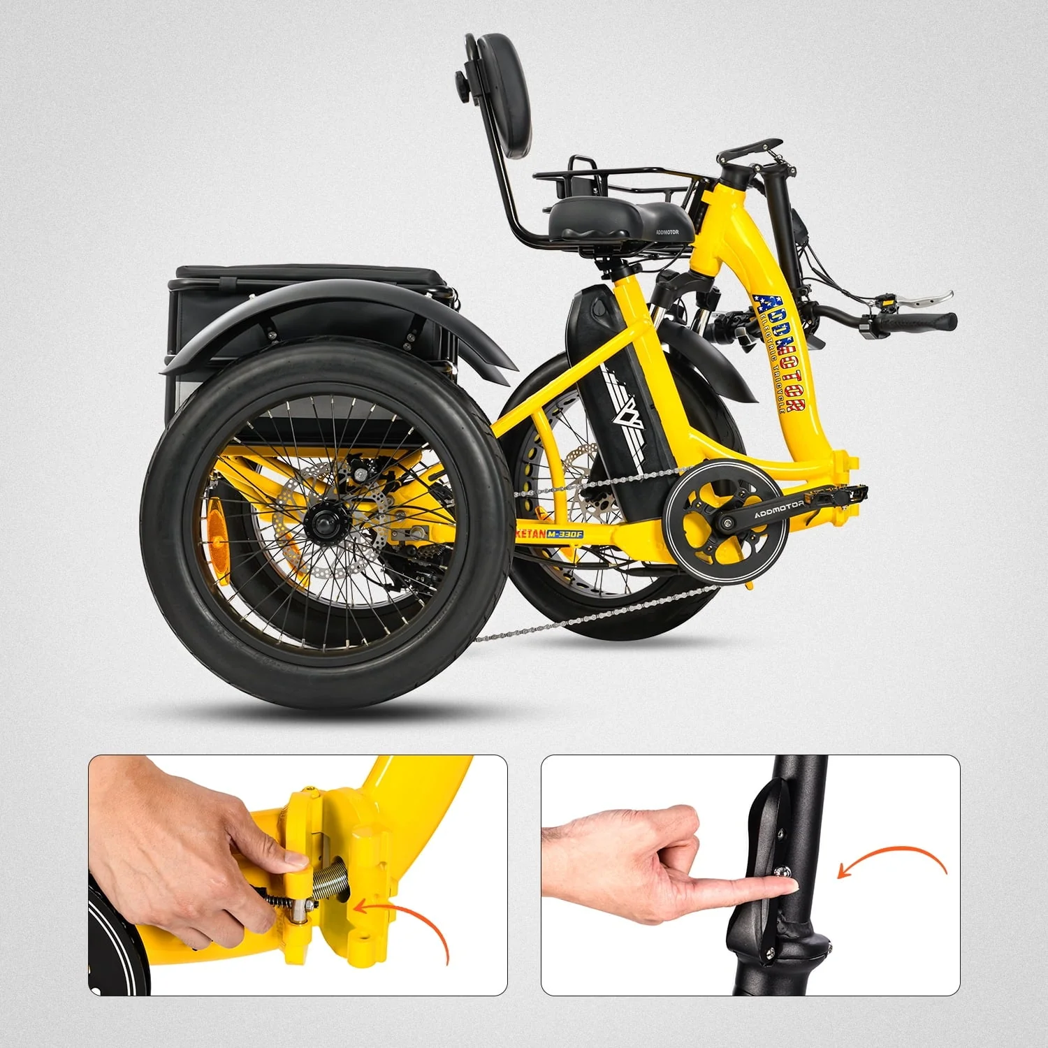 Electric Trike, 750W Foldable Electric Tricycle, Folding Electric Trike for Adults,48V 20Ah Removable Battery,20" Fat Tire Electric Trikes with Rear Speed Differential,M 330F Yellow Image 10