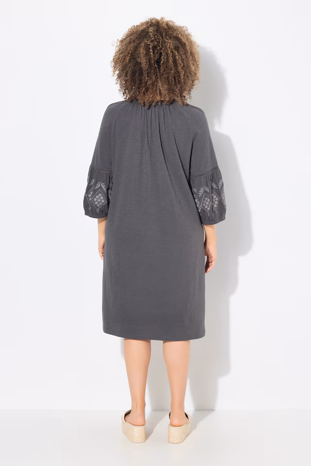 Embroidered Sleeve Split Neck Jersey Dress