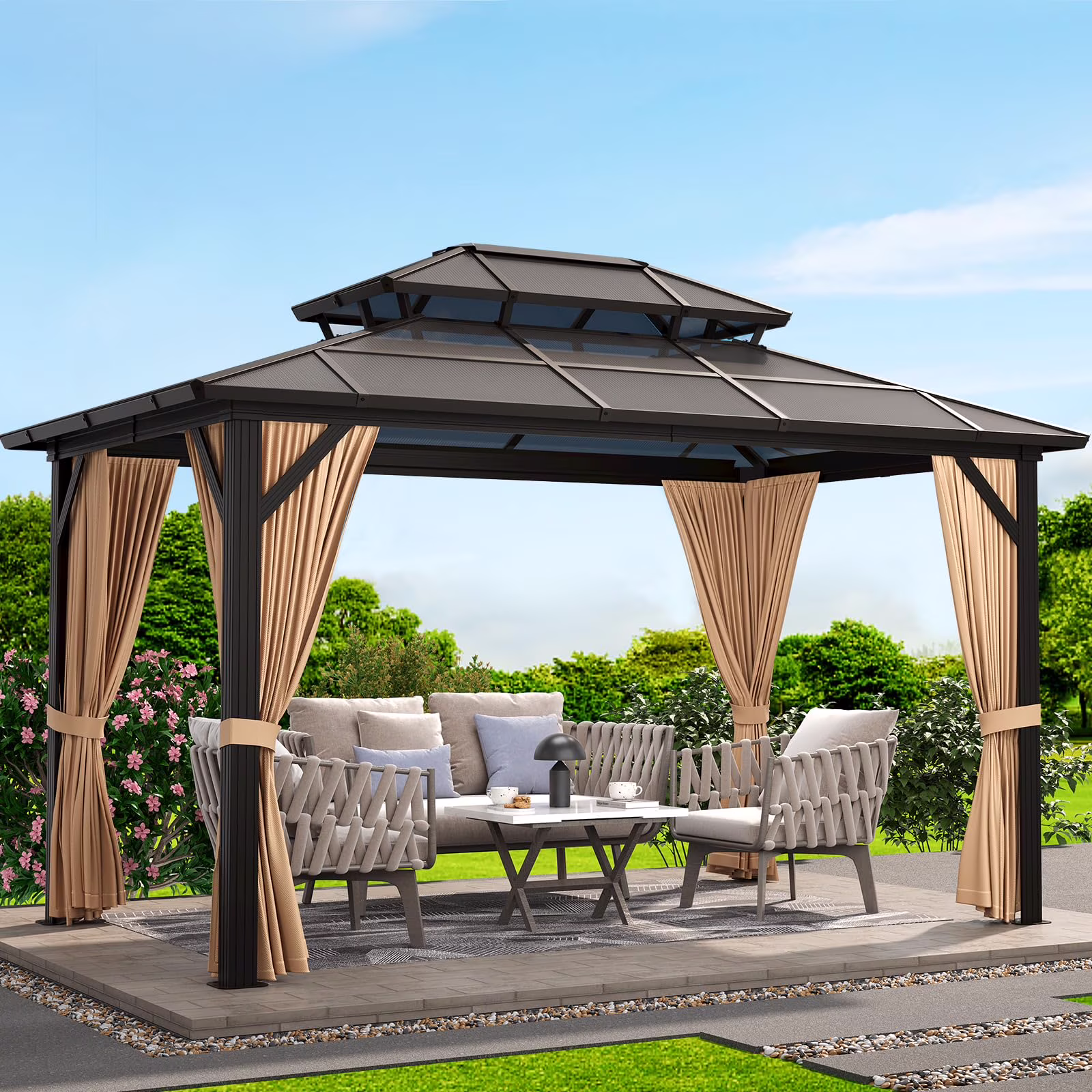 TROPOW Gazebos for Gardens,10x12ft Hardtop Gazebo,All Seasons Gazebos,Outdoor Polycarbonate Double Roof Canopy, Aluminum Frame Permanent Garden Tent with Curtains and Netting for Patio, Lawns,Khaki