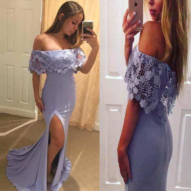 Pretty Lavender Off Shoulder With Lace Split Mermaid Prom Dresses DMF15