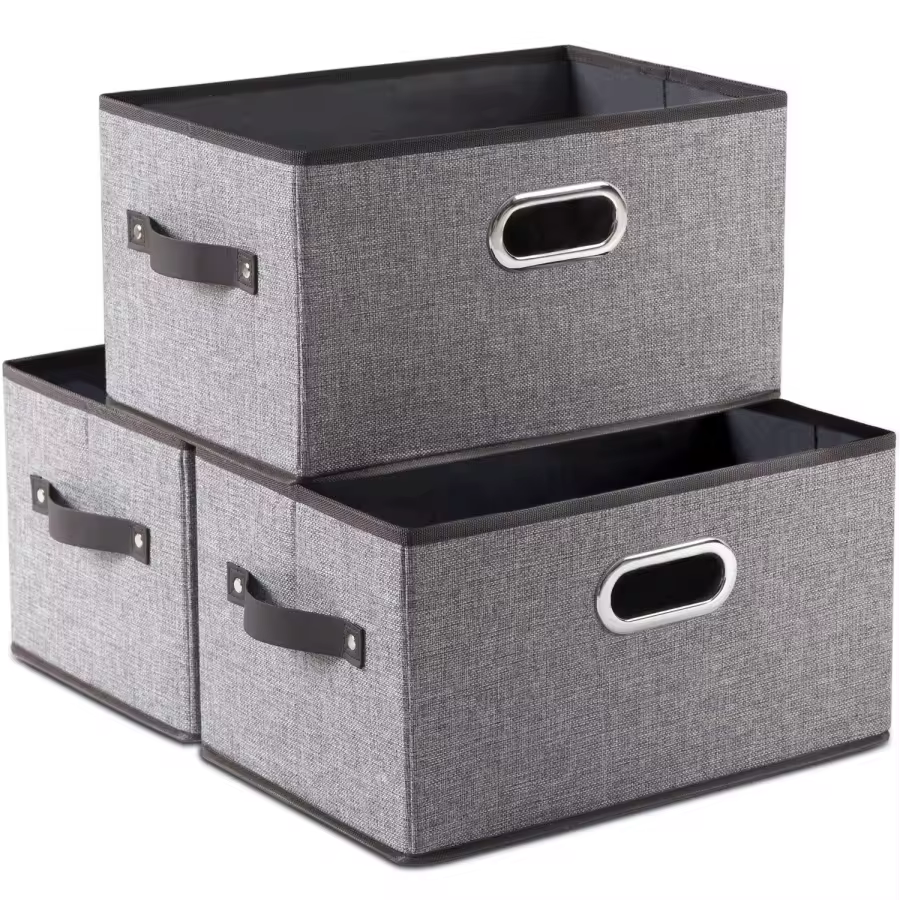 Linen Fabric Storage Bins 3-Pack Foldable, Large Decorative Baskets With Sturdy Handles For Closet Shelf Office Nursery, Collapsible Design