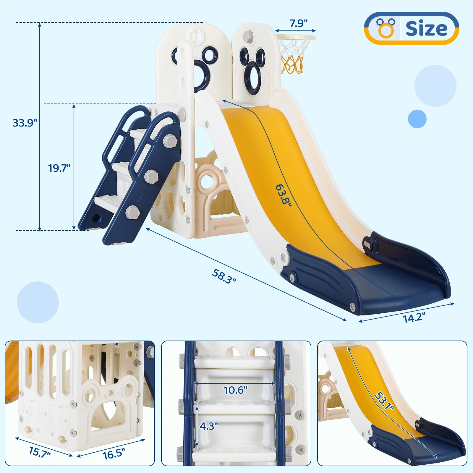 Sturdy Toddler Slide with Basketball Hoop Plastic Kids Slide Climber with Anti-Slip Steps Indoor Outdoor Children Toy Playground(Blue) - Image 2