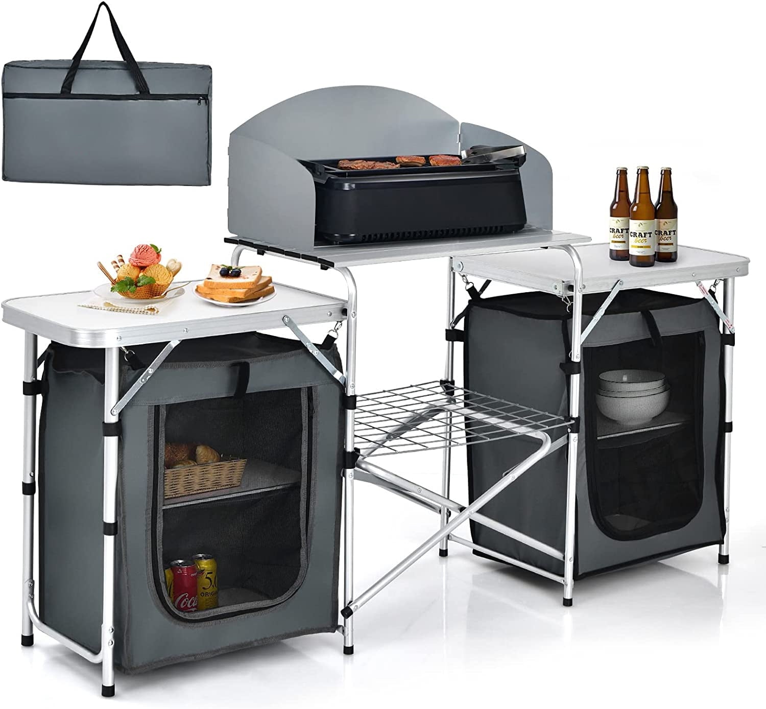 Camping Kitchen Table with Storage. Aluminum Portable Outdoor Cooking Table with Windscreen. Foldable Camp Table Cook Station for BBQ. Grill. Party. Picnics