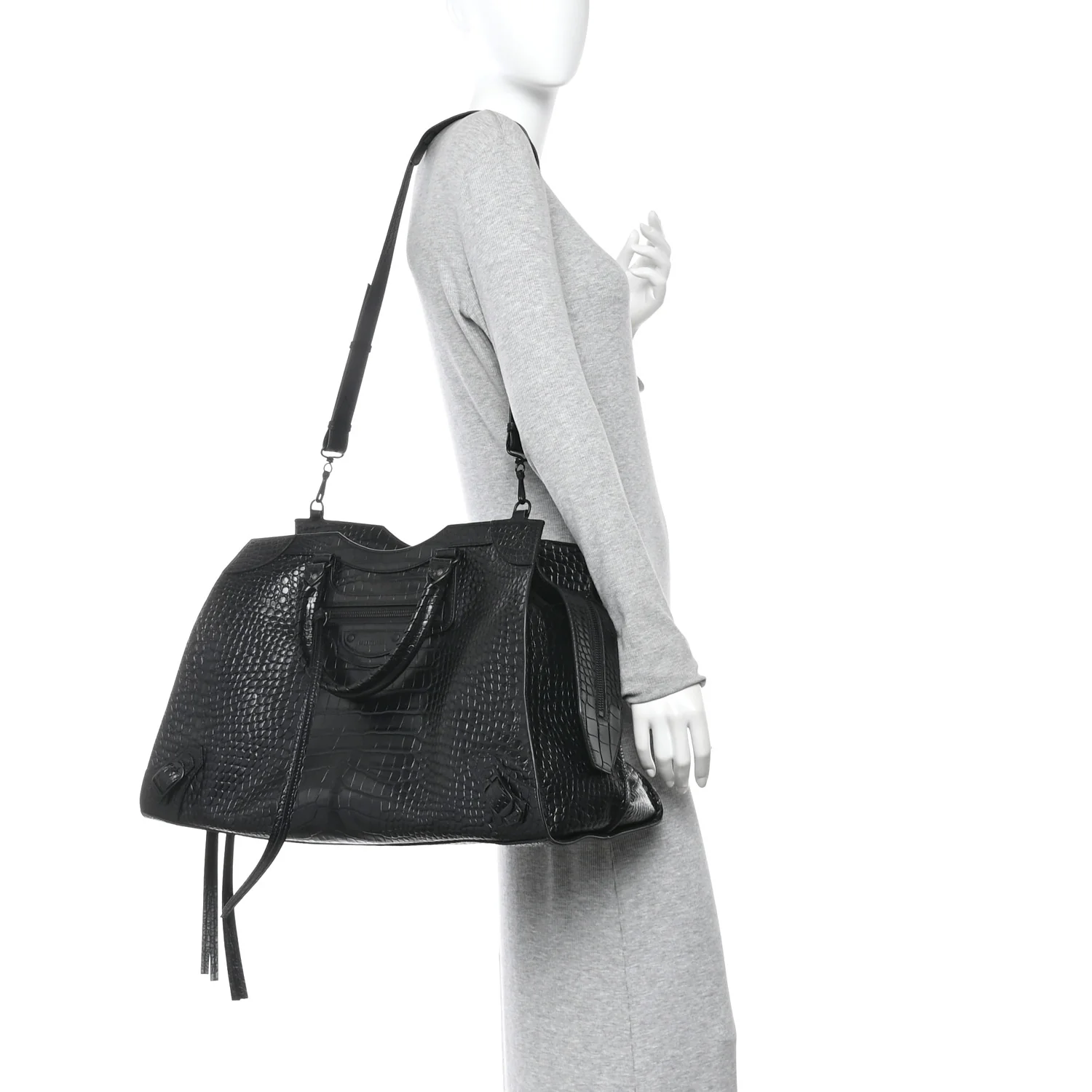 Semi Matte Calfskin Crocodile Embossed Neo Classic Black Hardware Large City Black
