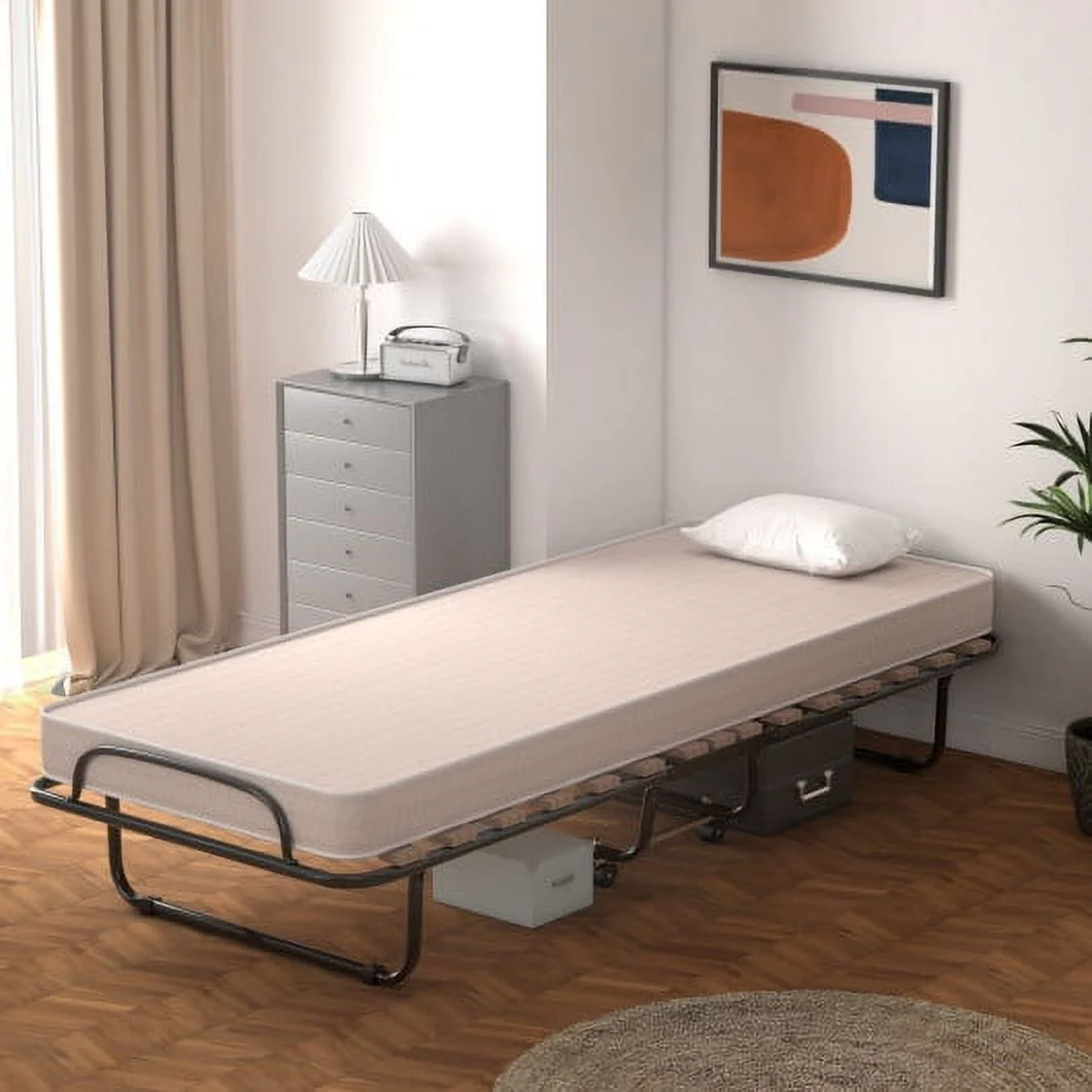Portable Folding Bed with Memory Foam Mattress and Sturdy Metal Frame Made in Italy Beige