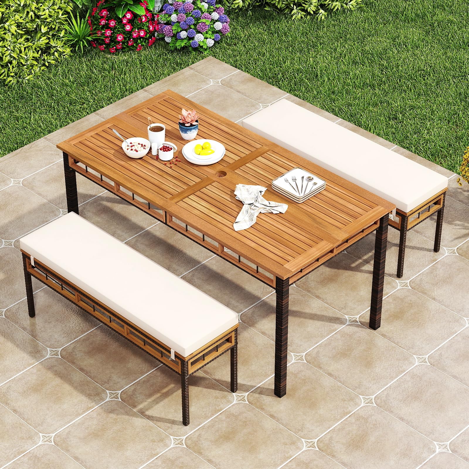 Tangkula 3 Pieces Wood Patio Dining Set