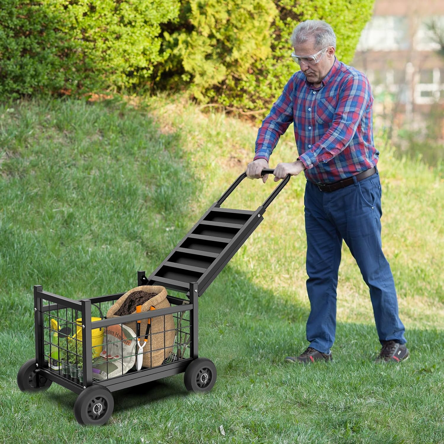 Garden Cart with Seat, 3-in-1 Rolling Seat with Wheels for Gardening Seniors