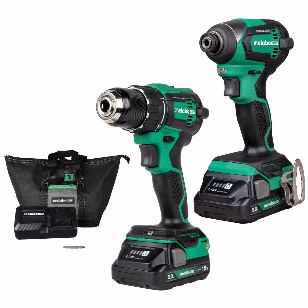 Metabo HPT 18V MultiVolt Cordless Brushless Driver Drill & Impact Driver Combo Kit, Includes 2 Lithium-Ion Batteries, Case and Charger, KC18DEXQB