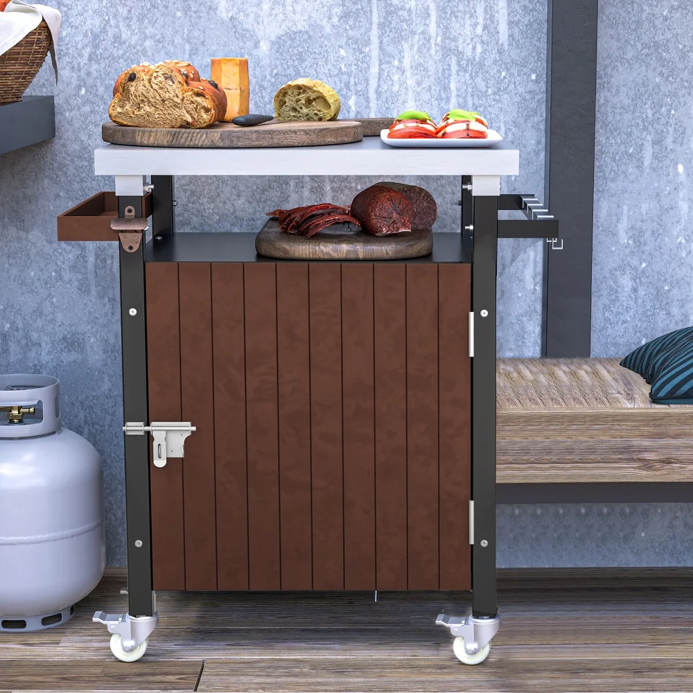 BBQ Grill Storage Cart/Bin, Outdoor Storage Cabinet on Wheels, Metal Kitchen Dining Table Cooking Prep Table with Wheels, Hooks, and Spice Rack, for Patio Island Home Party Bar (Brown)(32.4" W x 18.7" D x 34.7" H) - Image 8