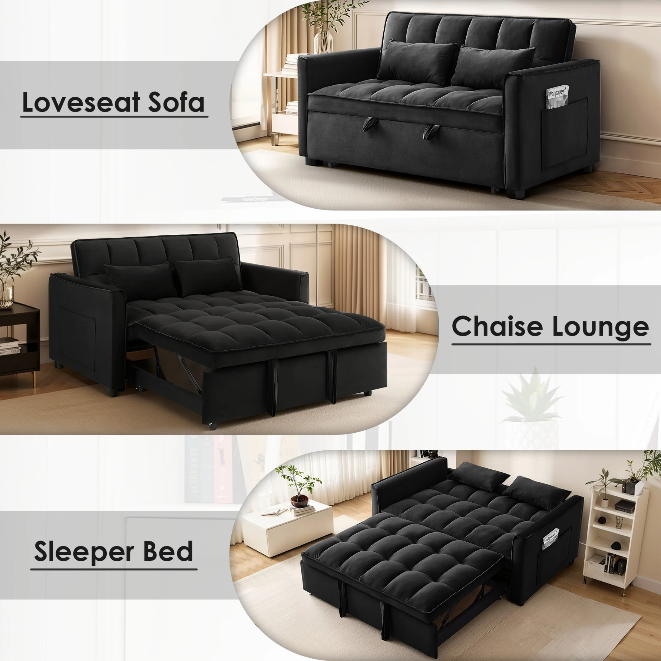 Convertible Sofa Bed, 3 in 1 Pull Out Sleeper Loveseat Couch with Storage, Black(Black) - Image 10