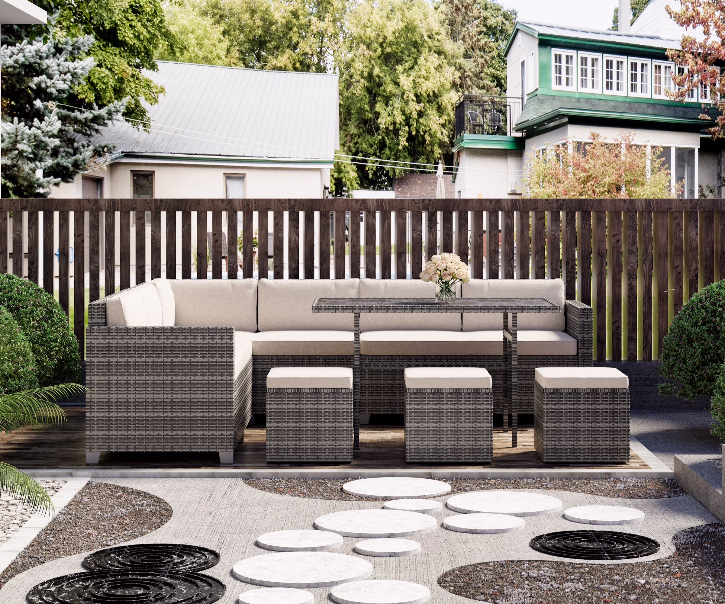 7 Piece Patio Furniture Set, Outdoor Furniture Patio Sectional Sofa, All Weather PE Rattan Outdoor Sectional with Beige Cushions and Table, Black Wicker(GR-BE)