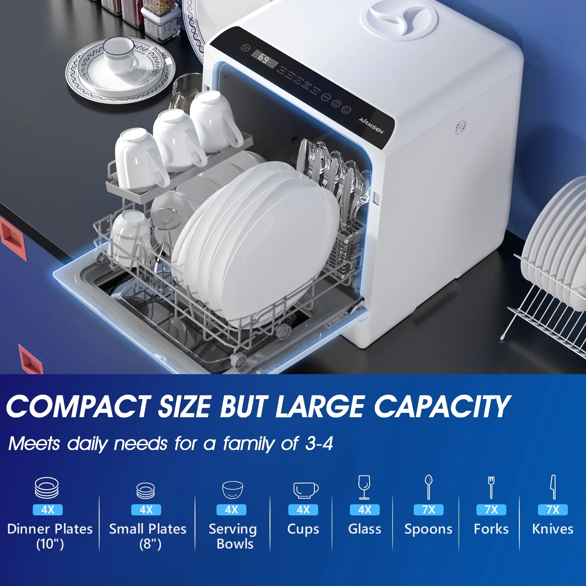 Portable Countertop Dishwasher with 5-Liter Built-in Water Tank and Air-Dry Function, 5 Washing Programs, AE-TDQR03 - Image 7