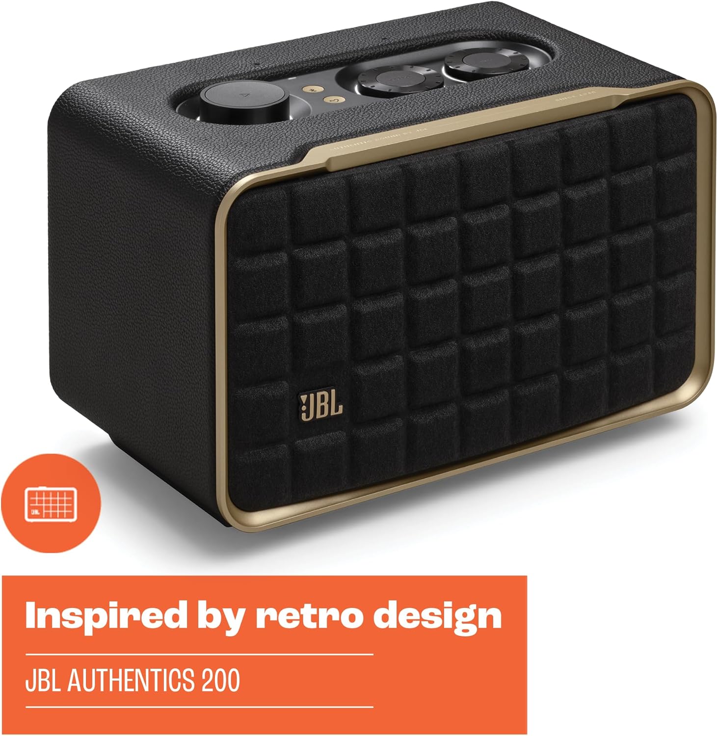 JBL Authentics 200 - Retro Style Smart Home Speaker with Built in Wi-Fi  Bluetooth and Voice Assistants  Alexa and Google Assistant  Multi-Room Playback  Automatic self tuning (Black/Gold)