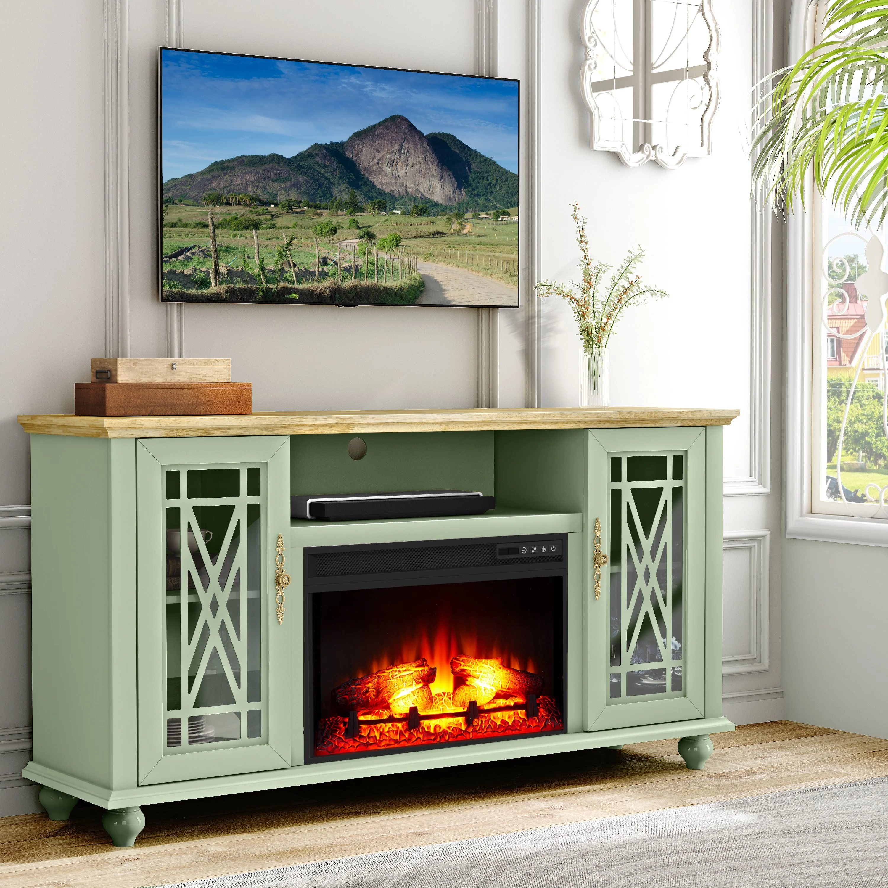Elegant 61" TV Stand with Fireplace Green(Green) - Image 2