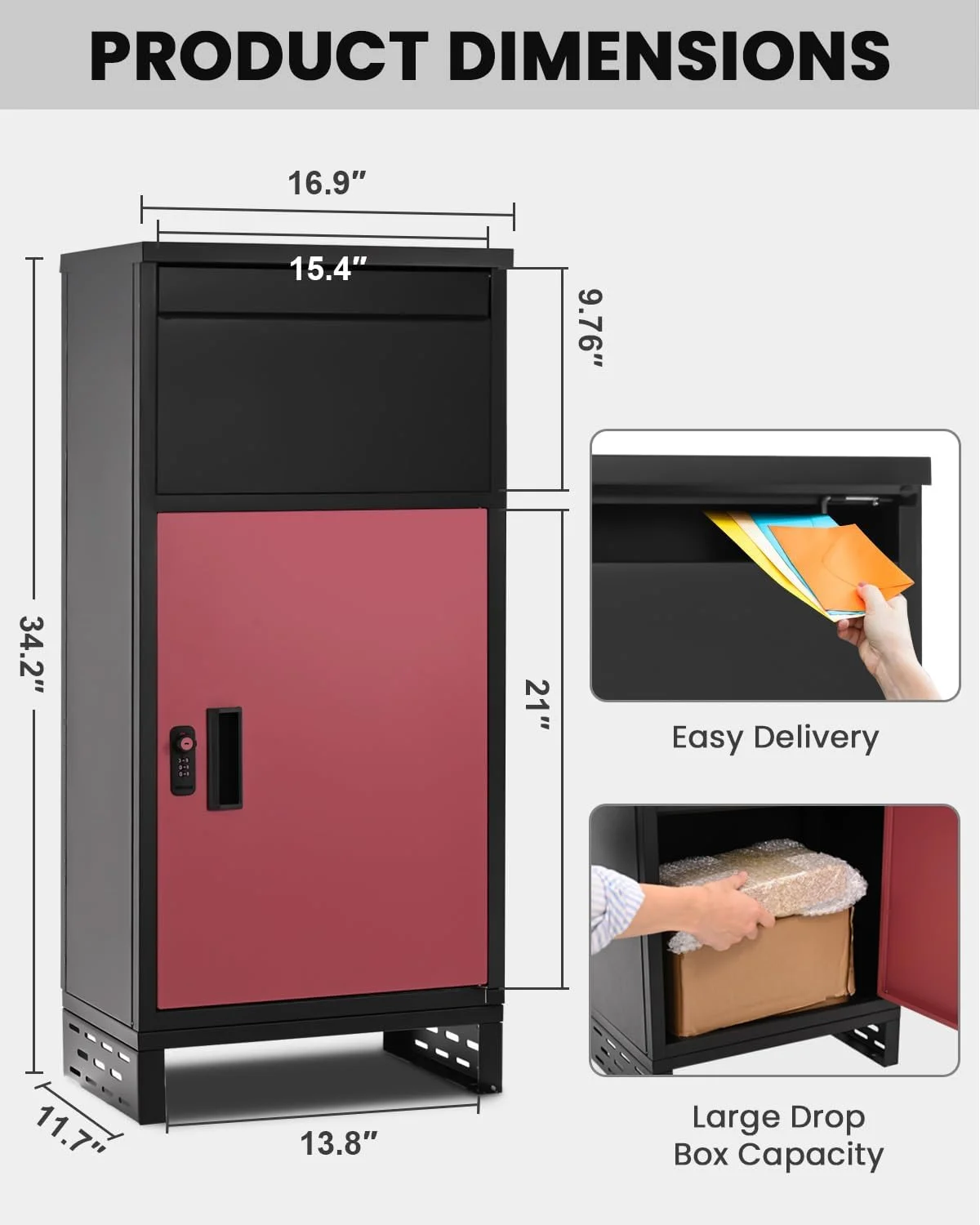 Outside Package Delivery Boxes, 17" x 12" x 34" Large Galvanized Steel Wall and Floor Mount Locking Mailbox, Anti-Theft Delivery Box for Porch, IPX3 Waterproof - Image 2