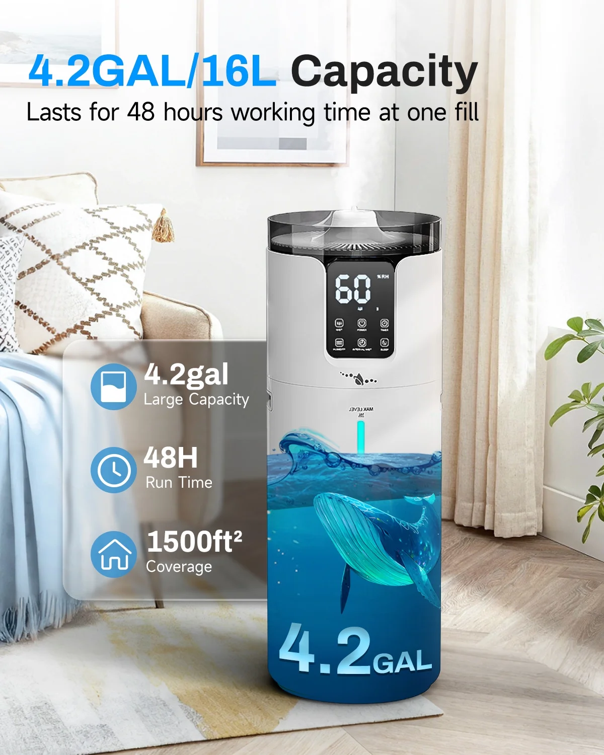 Whole House Humidifier for home, 16L/4.2Gal, 1500 sq.ft., Ultrasonic Cool Mist Humidifier for Room, White - Image 7