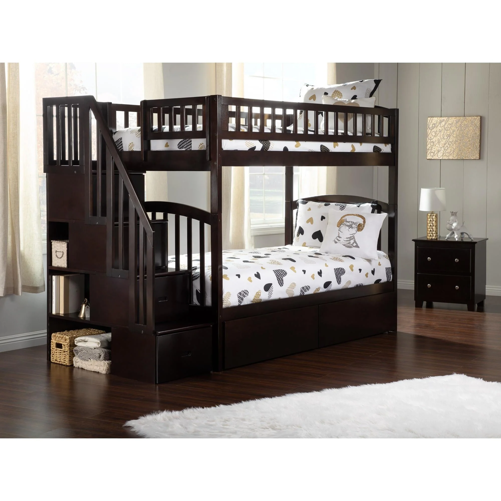 Westbrook Staircase Bunk Twin Over Twin with 2 Urban Bed Drawers in Espresso