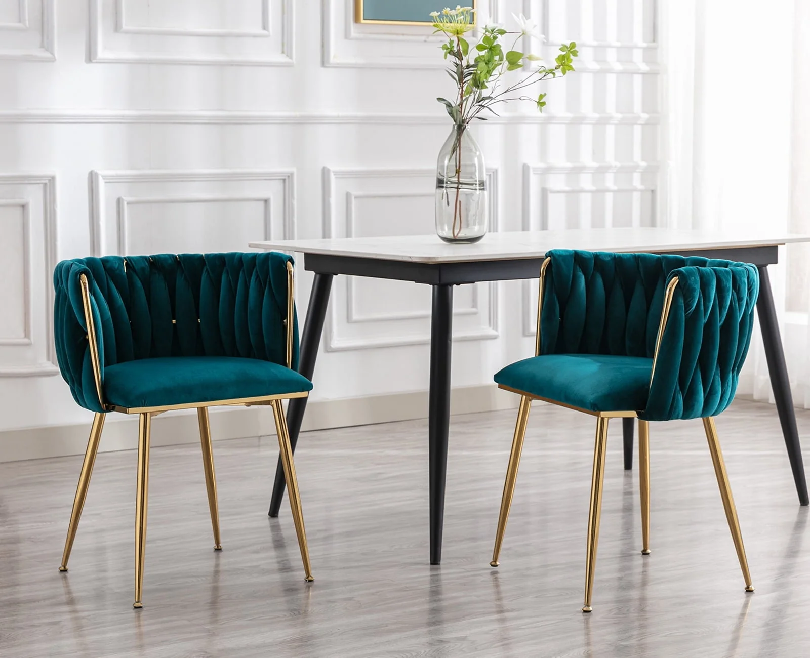 Velvet Dining Chair Set of 2, Modern Upholstered Accent Side Chair with Woven Back and Metal Legs, Vanity Chair Kitchen Chair for Living Room Dining Room Bedroom, Teal Green(Black) - Image 2